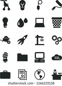 Solid Black Vector Icon Set - wicker pot vector, sitting stroller, garden trolley, new roller, saving light bulb, plummet, planet Earth, drop, Construction crane, CO2, three gears, computer, folder