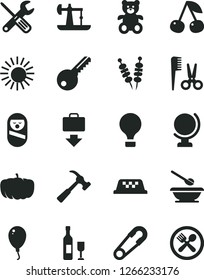 Solid Black Vector Icon Set - safety pin vector, accessories for a hairstyle, roly poly doll, plates and spoons, teddy bear, balloon, small tools, key, hammer with claw, globe, cherry, pumpkin, wine