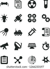 Solid Black Vector Icon Set - math actions vector, artificial satellite, radiation hazard, dish, research article, scientific publication, test tube, telescope, molecule, bulb, gears, clipboard