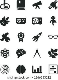 Solid Black Vector Icon Set - vector e, telescope, atom, glasses, brain, satellite, oscilloscope, drawing compass, artifical insimination, growth graph, radar, medal, robot, rocket, biology, patente