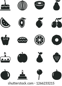 Solid Black Vector Icon Set - birthday cake vector, torte, apple pie, peper, Chupa Chups, strawberry, pear, orange slice, quince, tasty cornels, water melon, half of mango, tangerine, juicy lemon