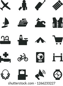 Solid Black Vector Icon Set - plane vector, bike, rope barrier, passenger, baggage scanner, passport, rolling case, tent, hawaii wreath, pool, hospital bed, surfing, receptionist, cart, loudspeaker