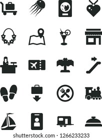 Solid Black Vector Icon Set - train vector, camper, sail boat, escalator, passport, plane ticket, getting baggage, hawaii wreath, cocktail, cafe, restaurant, map, access card, receptionist, store