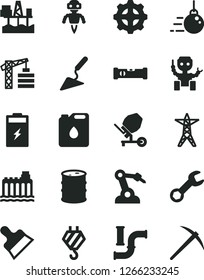 Solid Black Vector Icon Set - tower crane vector, hook, big core, building trowel, concrete mixer, construction level, putty knife, commercial seaport, charging battery, water pipes, barrel, gear