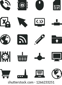 Solid Black Vector Icon Set - sign of the planet vector, laptop, monitor window, graphite pencil, grocery basket, rss feed, upload folder, address book, cart, SIM, phone call, radiator fan, mouse