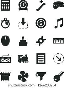 Solid Black Vector Icon Set - keyboard vector, new abacus, music, move down, right bottom arrow, cheese, birthday cake, fan screw, cloth industry, water filter, mouse, dna, calculator, stopwatch