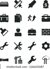 Solid Black Vector Icon Set - repair key vector, clean paper, tower crane, brickwork, cogwheel, small tools, portfolio, construction level, writing accessories, brick, putty knife, case, builder
