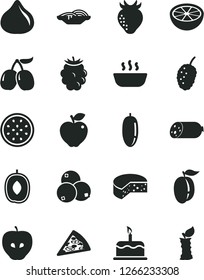 Solid Black Vector Icon Set - cake vector, sausage, cheese, piece of pizza, slices onion, hot porridge, red apple, tasty, strawberry, fig, blackberry, blueberries, mulberry, cornels, delicious plum