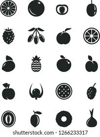 Solid Black Vector Icon Set - apple vector, orange, peach, ripe, tasty raspberry, mulberry, goji berry, half melon, passion fruit, lemon, yellow, juicy, of, delicious, pineapple, slice, physalis