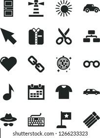 Solid Black Vector Icon Set - scissors vector, calendar, keyboard, spectacles, hat with glasses, interroom door, heart, flowchart, T shirt, folded, retro car, lighthouse, note, cursor, star flag