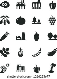 Solid Black Vector Icon Set - tomato vector, carrot, a pineapple, large grape, mulberry, goji berry, Bell pepper, ripe, peas, eggplant, big solar panel, hydroelectric station, hydroelectricity