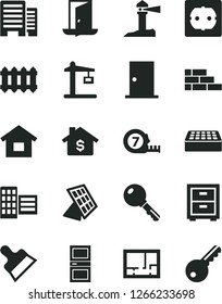 Solid Black Vector Icon Set - bedside table vector, dwelling, brick wall, long meashuring tape, lay out of flat, power socket type f, ntrance door, interroom, buildings, city block, putty knife, key