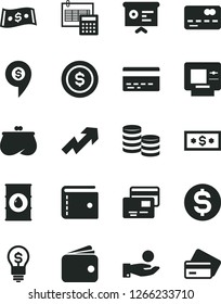 Solid Black Vector Icon Set - bank card vector, purse, growth up, calculation, cards, oil, front of the, coins, dollar, catch a coin, wallet, financial report, idea, pin, atm, credit