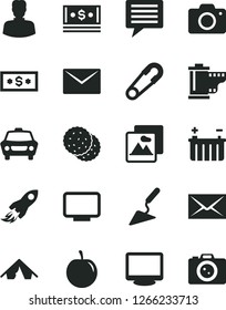 Solid Black Vector Icon Set - image of thought vector, camera, envelope, roll, safety pin, building trowel, picture, car, biscuit, tasty plum, battery, woman, space rocket, cash, monitor, dollar