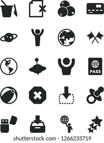 Solid Black Vector Icon Set - mark of injury vector, dummy, baby bath ball, children's sand set, yule, passport, put in a box, delete page, move down, blueberries, planet, Earth, front the bank card