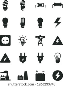 Solid Black Vector Icon Set - lightning vector, danger of electricity, saving light bulb, factory, accumulator, power pole, plug, electric, socket, thermal plant, energy, mercury, resistor