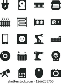 Solid Black Vector Icon Set - camera vector, drill, power socket type b, heating coil, smartphone, lens, battery, plug, assembly robot, SIM, cast iron radiator, fan, mouse, keyboard, pc supply, hdd