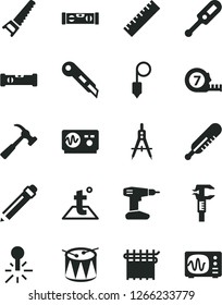 Solid Black Vector Icon Set - graphite pencil vector, yardstick, electronic thermometer e, mercury, drum, drill, hand saw, long meashuring tape, construction level, building, plummet, temperature