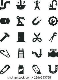 Solid Black Vector Icon Set - scissors vector, safety pin, open, adjustable wrench, stepladder, sewerage, ntrance door, gear, knife, kitchen faucet, hammer, soda can, valve, water pipes, power line