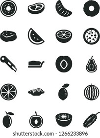 Solid Black Vector Icon Set - stationery knife vector, pizza, slices of onion, cake slice, bacon, piece meat, orange, plum, water melon, tangerine, half cherry, lemon, kiwi, sour lime, pineapple