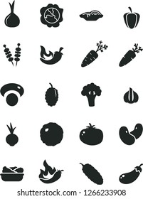 Solid Black Vector Icon Set - fried vegetables on sticks vector, slices of onion, lettuce in a plate, cabbage, cucumber, tomato, chili, beet, carrot, squash, mulberry, ripe pepper, hot, garlic
