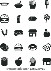 Solid Black Vector Icon Set - sausage vector, cheese, tin, fried vegetables on sticks, mini hot dog, big burger, cake with a hole, bowl of buckwheat porridge, lollipop, French fries, potato slices