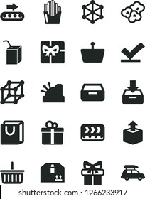 Solid Black Vector Icon Set - grocery basket vector, packing of juice with a straw, put in box, drawer, bag handles, cardboard, gift, unpacking, fried potato slices, popcorn, conveyor, production