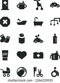 Solid Black Vector Icon Set - heart symbol vector, mark of injury, toys over the cot, mug for feeding, measuring cup, bottle, powder, baby carriage, sitting stroller, bath ball, children's bathroom