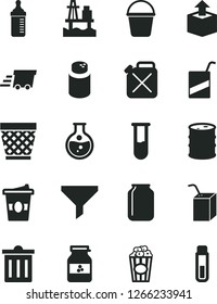 Solid Black Vector Icon Set - wicker pot vector, bin, measuring bottle for feeding, powder, e, packing of juice with a straw, bucket, unpacking, cup popcorn, coffe to go, jar jam, sea port, barrel