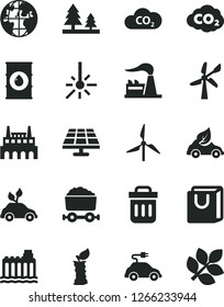 Solid Black Vector Icon Set - bag with handles vector, apple stub, solar panel, windmill, wind energy, factory, oil, hydroelectricity, forest, industrial, eco car, environmentally friendly transport