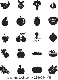 Solid Black Vector Icon Set - loaf vector, a plate of fruit, apple, peach, grape, medlar, tasty cornels, slice water melon, tangerine, bananas, kiwi, guava, ripe pineapple, pepper, garlic, beet