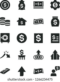 Solid Black Vector Icon Set - upward direction vector, strongbox, coins, a crisis, dollar, article on the, financial item, money, cash, growth arrows, gold bar, coin, mortgage, bag, column, gear