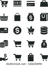 Solid Black Vector Icon Set - paper bag vector, grocery basket, bank card, cart, put in, crossed, with handles, coins, shopping, front of the, column, dollar, get a wage, money, dollars, cash, hand