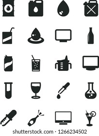 Solid Black Vector Icon Set - measuring cup for feeding vector, e, drop, screen, a glass of soda, can, flask, oil, canister, bottle, monitor, test tube, pipette, champagne, cocktail