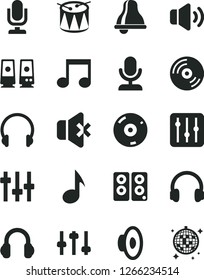 Solid Black Vector Icon Set - bell vector, desktop microphone, loudspeaker, drum, headphones, CD, regulator, volume, no sound, pc speaker, note, settings, disco ball