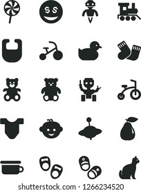 Solid Black Vector Icon Set - bib vector, Child T shirt, baby duckling, warm socks, children's potty, teddy bear, small, hairdo, toy train, yule, bicycle, tricycle, shoes for little children, pear