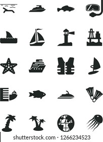 Solid Black Vector Icon Set - small fish vector, sea port, coastal lighthouse, planet, sail boat, hotel, beach, palm tree, starfish, flippers, diving mask, life vest, jet ski, cruiser, shark fin