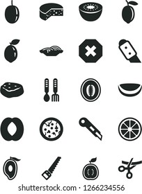 Solid Black Vector Icon Set - mark of injury vector, iron fork spoons, arm saw, knife, stationery, cheese, pizza, slices onion, piece meat, half mango, peach, melon, passion fruit, lemon, juicy