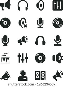 Solid Black Vector Icon Set - desktop microphone vector, horn, loudspeaker, silent mode, drumroll, headphones, CD, regulator, no sound, operator, megaphone, pc speaker, settings