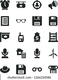 Solid Black Vector Icon Set - desktop microphone vector, floppy disk, hat, new abacus, toy mobile phone, estimate, alarm clock, windmill, vintage sign, antique advertising signboard, man in sight