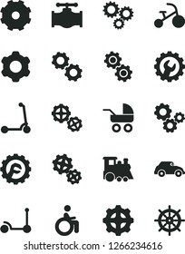 Solid Black Vector Icon Set - truck lorry vector, baby carriage, children's train, tricycle, Kick scooter, child, gears, cogwheel, gear, star, valve, retro car, three, disabled, handwheel