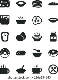 Solid Black Vector Icon Set - deep plate with a spoon vector, coffee, sausage, piece of cheese, eggs, loaf, cake hole, glazed, bowl buckwheat porridge, in saucepan, hot, milk, cup tea, glass, cafe