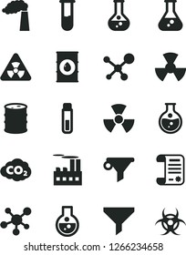 Solid Black Vector Icon Set - round flask vector, manufacture, oil, barrel, industrial building, radiation, carbon dyoxide, filter, water, research article, test tube, molecule, nuclear, biohazard