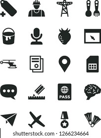 Solid Black Vector Icon Set - add label vector, plastic fork spoons, builder, paint bucket, drawing, passport, strawberry, power pole, SIM card, location, scientific publication, speech, browser