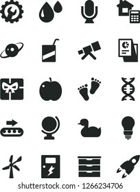 Solid Black Vector Icon Set - storage unit vector, rubber duck, e, footprints, bulb, estimate, gear, dangers, microphone, globe, apple, wind energy, production conveyor, drop, statistical research