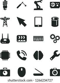 Solid Black Vector Icon Set - repair key vector, camera, power pole, conveyor, energy saving bulb, pipes, welding, assembly robot, three gears, phone call, tablet pc, mouse, keyboard, cpu, router