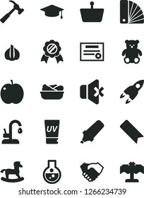 Solid Black Vector Icon Set - bookmark vector, small teddy bear, rocking horse, color samples, kitchen faucet, hammer with claw, no sound, lettuce in a plate, apple, garlic, shopping basket, flask