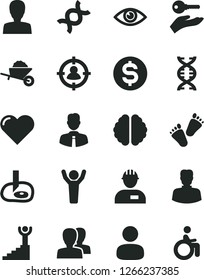 Solid Black Vector Icon Set - woman vector, women, children's tracks, workman, garden trolley, employee, heart, eye, man, in sight, dollar, dna, brain, artifical insimination, winner stairway