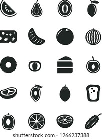 Solid Black Vector Icon Set - piece of cheese vector, cake, bacon, sandwich, water melon, slice, half mango, delicious plum, tangerine, cherry, lemon, tamarillo, pineapple, grapefruit, part guava