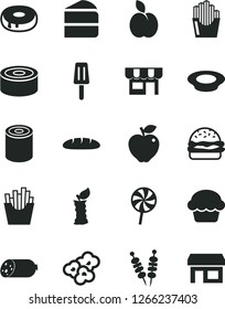 Solid Black Vector Icon Set - kiosk vector, sausage, loaf, canned goods, tin, fried vegetables on sticks, burger, cake, piece of, with a hole, plate milk, lollipop, French fries, potato slices, red